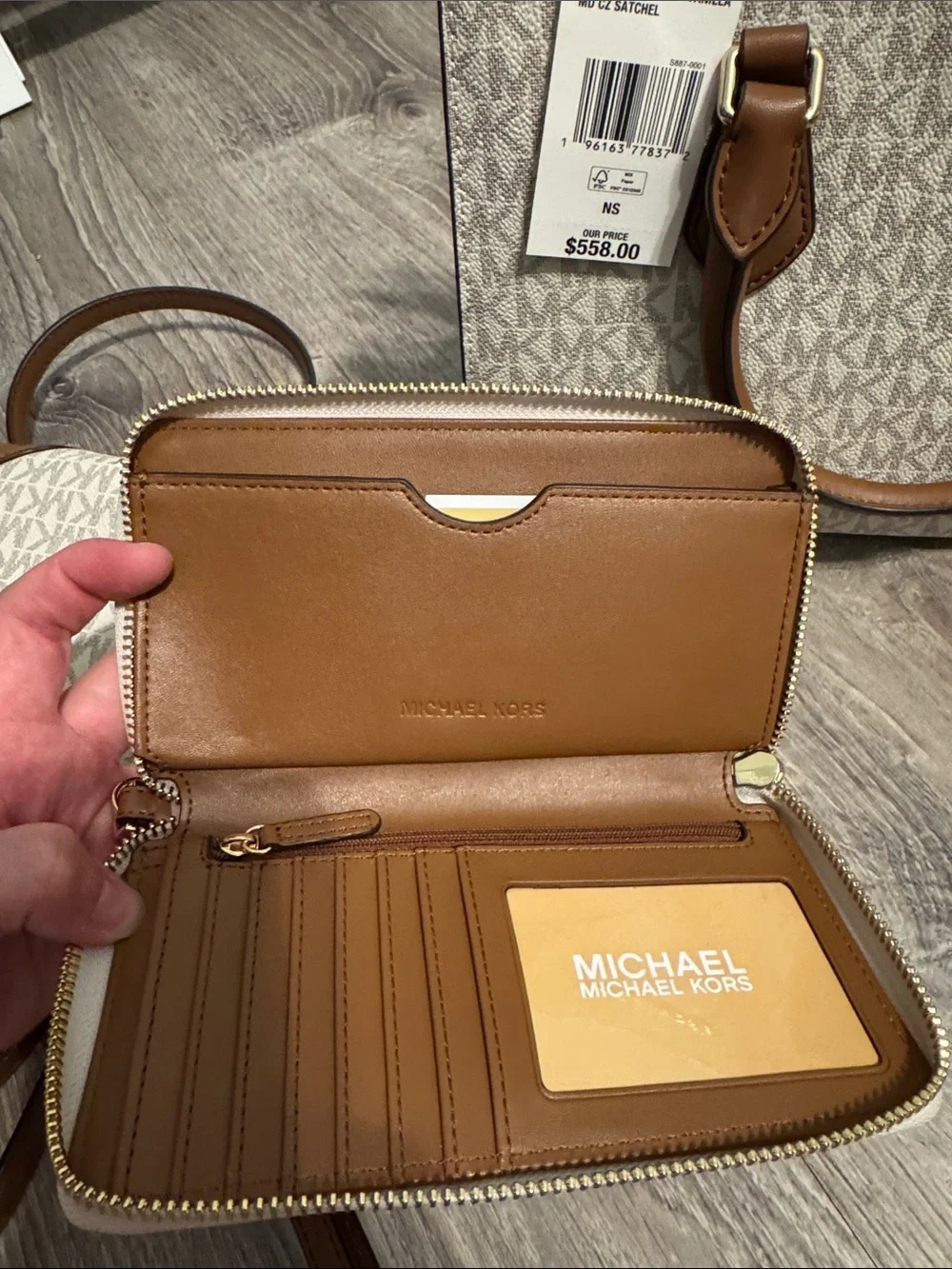 Brand new- Michael Kors Beige Signature Monogram Crossbody Set with Brown Trim